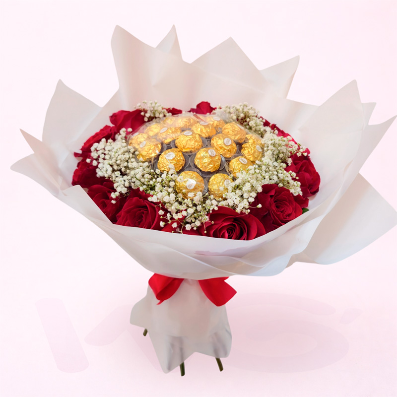 Ramo de rosas premium con Ferrero Rocher y paniculata