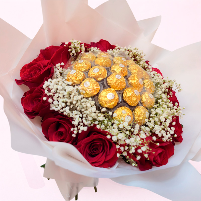 Ramo de rosas rojas premium con Ferrero Rocher