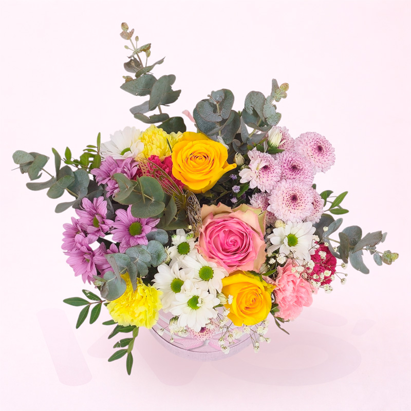 Caja de flores Amor de Primavera con rosas, claveles, margaritas y eucalipto en tonos variados