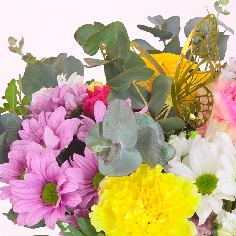 Caja de flores Amor de Primavera con rosas, claveles, margaritas y eucalipto en tonos variados