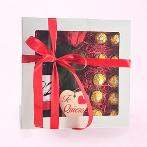 Caja Regalo Romántica con Vino, Bombones y Rosa – “Te Quiero”