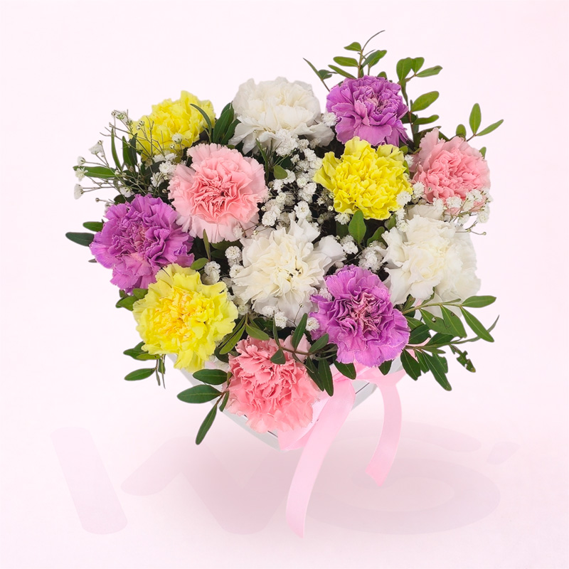 Caja de flores en forma de corazón con claveles de colores para el Día de la Madre