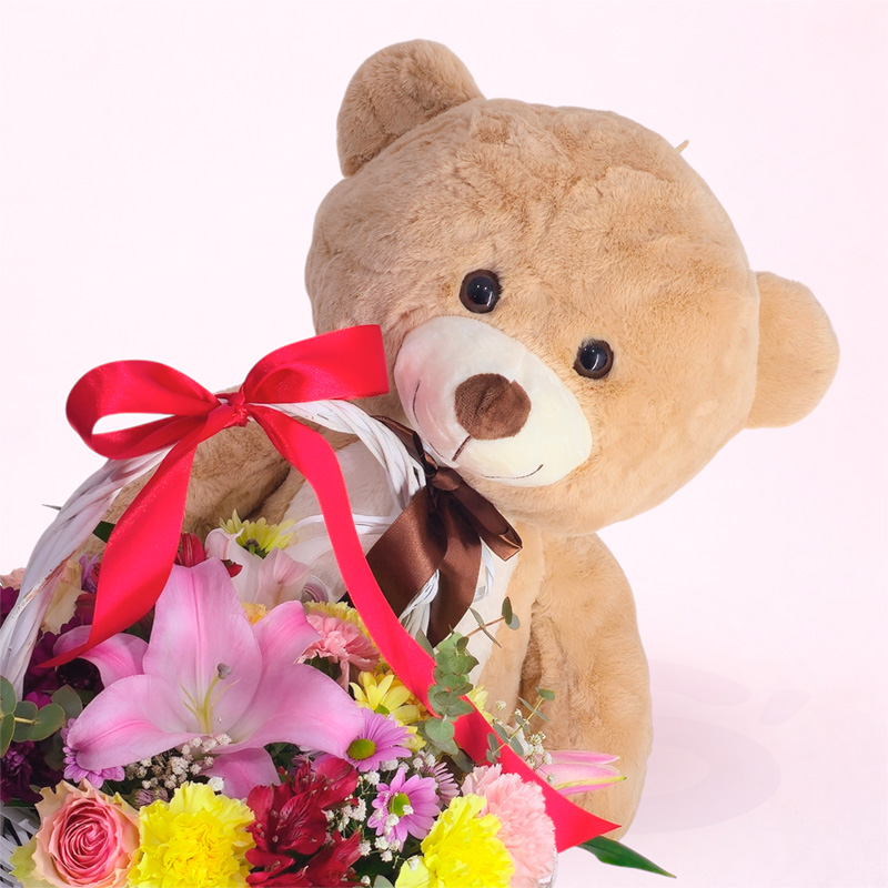 Cesta de flores con oso de peluche y combinación de rosas, claveles, margaritas y astromelias