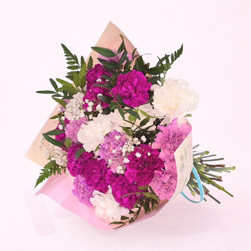 Ramo de claveles violetas y blancos para regalar el Día de la Madre