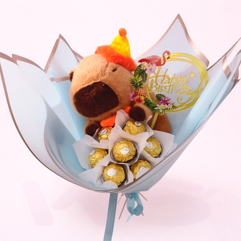 CapyBirthday Bouquet con peluche de capibara y 7 bombones Ferrero Rocher